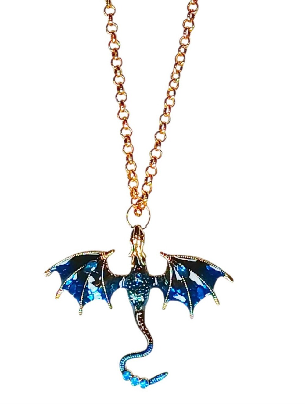 Chunky Gold Enamel Blue Flying Dragon Pendant Necklace Enchanted Choker 1990s